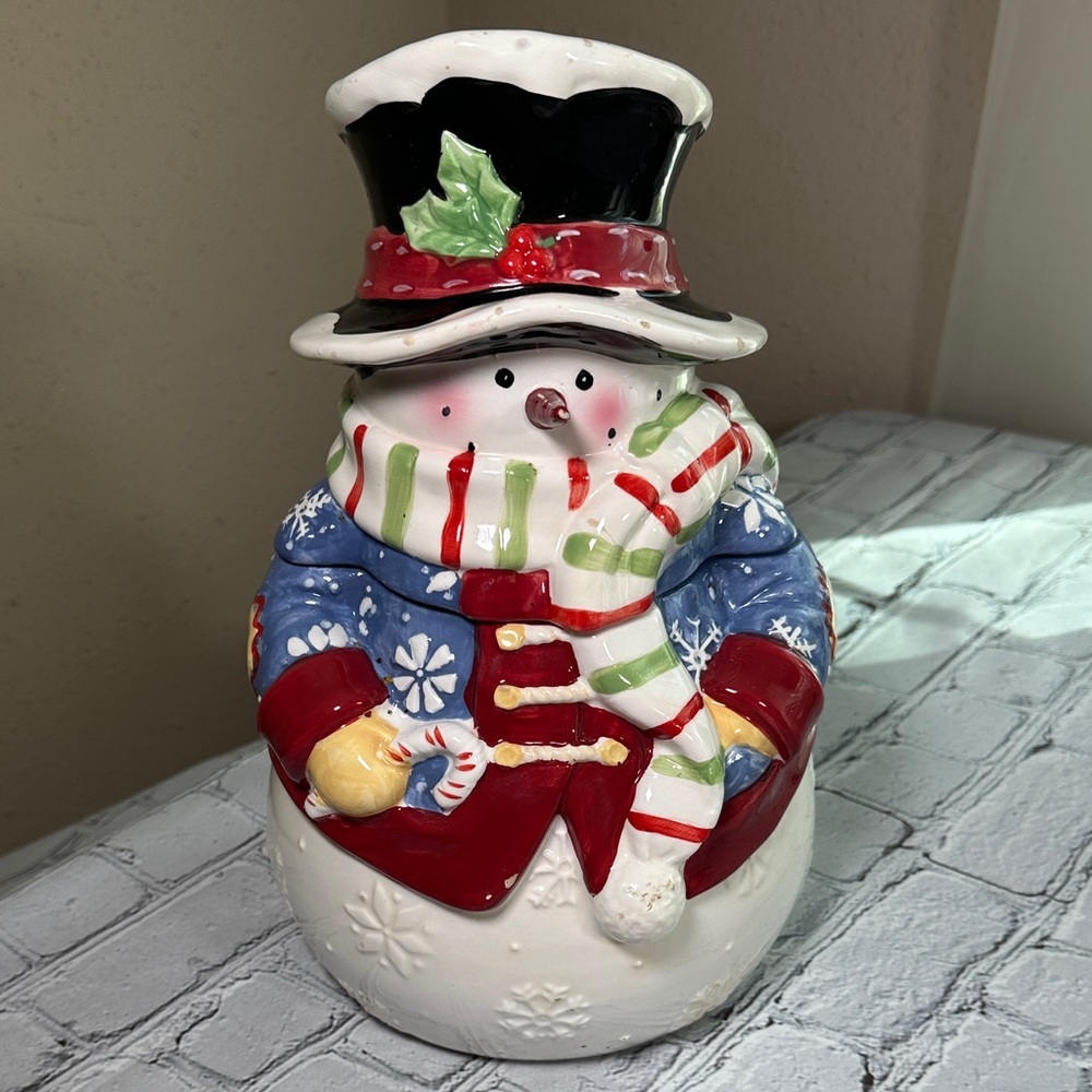 Vintage Festive Ceramic Snowman Cookie Jar